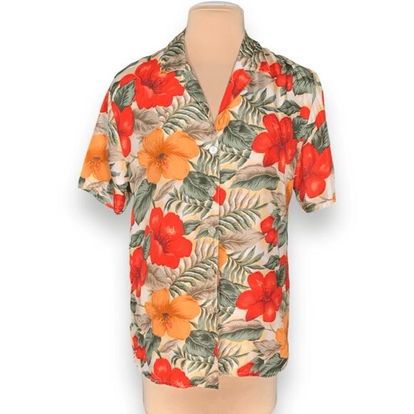 Vintage Options Melrose Silk Hawaiian Shirt Red Orange Hibiscus Floral Medium - Picture 8 of 8
